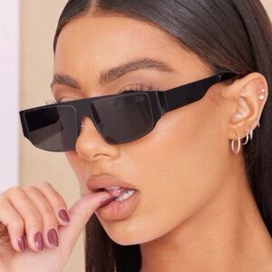 NEW PrettyLittleThing Black Matte Metal Frame Slim Visor Sunglasses ~UVA UVB